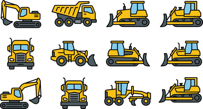 Construction vehicle icon illustration set, excavator bulldozer dump truck loader machinery isolated on white background for industrial use