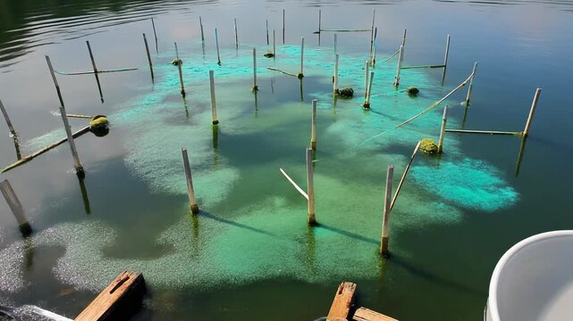 Aquatic macrophyte farm structure with turquoise algae in calm lake water