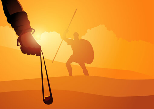 Illustration of the biblical story of David and Goliath, showing a young warrior facing a giant enemy. Symbolic concept of courage, faith, and overcoming impossible challenges.