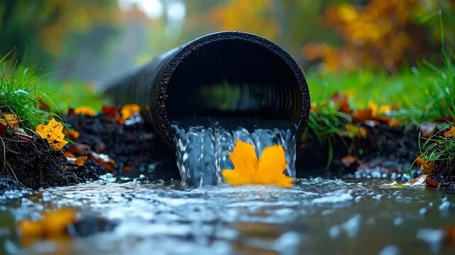 Water flows from a dark pipe into a small stream surrounded by foliage.