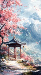 Fototapeta premium The pavilion under the cherry blossom tree