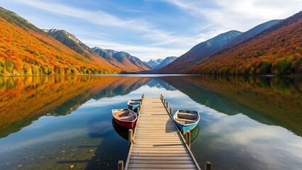 Obraz premium A serene lake scene with a wooden dock and boats surrounded by mountains and autumn foliage