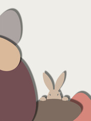 Vertical paper-cut style illustration with a hidden bunny peeking over an egg. Minimalist aesthetic with warm earthy colors and soft drop shadows.