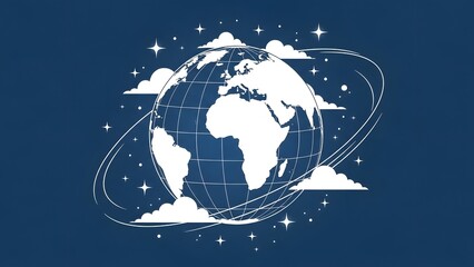 Global network surrounding the earth with stars and clouds
