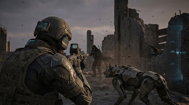 Cinematic rear view of a futuristic tactical soldier patrolling a destroyed city with a quadruped military robot dog. Sci-fi warfare, advanced combat surveillance, and artificial intelligence concept.