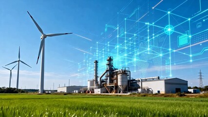 Wind turbines and industrial facility with digital overlay - Powered by Adobe