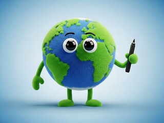 Cartoon earth character holding a pen
