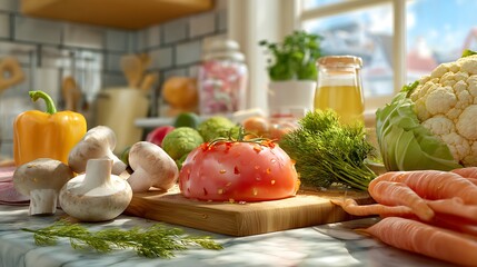 A kitchen counter with various vegetables and meat on a cutting board