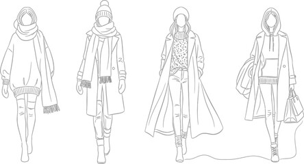 Fashion illustration line art featuring four distinct female models showcasing various stylish and cozy outerwear ensembles perfect for cold weather seasons