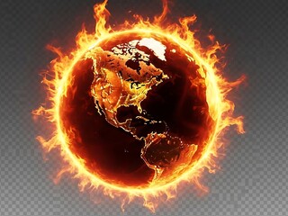 Earth on fire with flames surrounding the globe