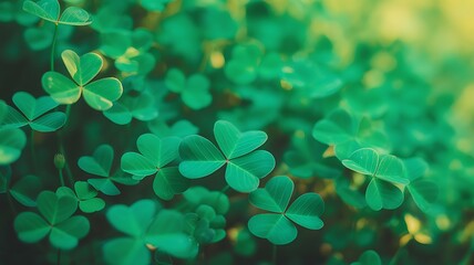 Close up view of lush green clover leaves in soft sunlight