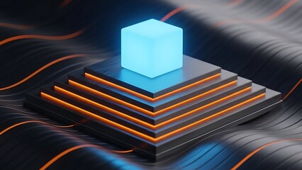 Glowing cube on multilayered platform with neon lights