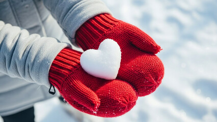 A baby wearing warm white knitted wool mittens holds a red heart in hands against a soft winter snow background for a Valentine gift of love
