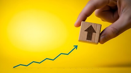 Hand holding wooden block with up arrow indicating growth