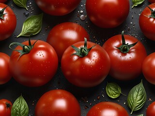 Fresh ripe tomatoes arranged as cooking ingredients on a dark background. Food background suitable for culinary, recipe, and kitchen concepts.