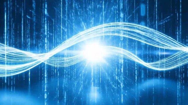 Abstract blue digital background with flowing lines and binary code, creating a futuristic feel.