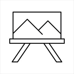 Minimalist line art icon representing an artist's easel holding a landscape painting with mountains, symbolizing creativity, art, and artistic expression for design projects