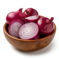 Fresh red onions halved and whole in a rustic wooden bowl on white background
