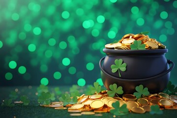 A pot of gold with shamrocks and green bokeh background