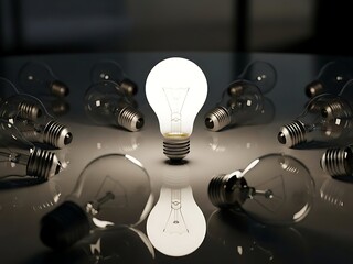 Single bright light bulb standing out among unlit ones