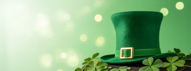 A green leprechaun hat adorned with shamrocks and bokeh lights