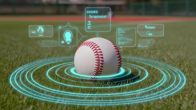 Baseball on fresh green grass with white ball and red stitching on field