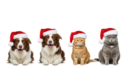 Two happy border collies and two cats (ginger, grey shorthair) posed horizontally wearing red santa hats against a high-key light grey studio background. Commercial christmas pets concept