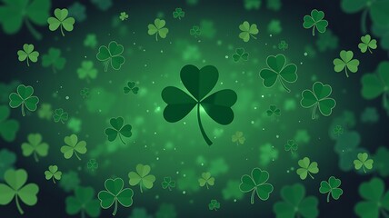 A vibrant green background filled with shamrocks and sparkling lights