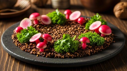 Forest floor inspired gourmet dish with edible mushroom shapes and green garnish on brown crumble for fine dining