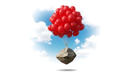 Heavy rock being lifted by red balloons in the sky