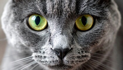 Close-up of a Gray Cat with Intense Green Eyes.