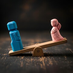 Balance between two wooden figurines on a seesaw