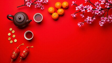 Flat lay of traditional chinese tea set, mandarin oranges, cherry blossom, copy space - Chinese New Year decoration, Lunar, spring festival, luck, prosperity, mockup, template, greeting, display