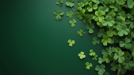 A beautiful arrangement of green shamrocks scattered on a dark green surface