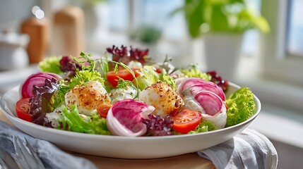 A vibrant salad with fresh vegetables and herbs in a white bowl on a kitchen counter