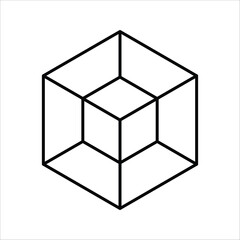 Intricate minimalist geometric line art illustration depicting a captivating nested cube optical illusion, challenging visual perception with its abstract three-dimensional form and clean design