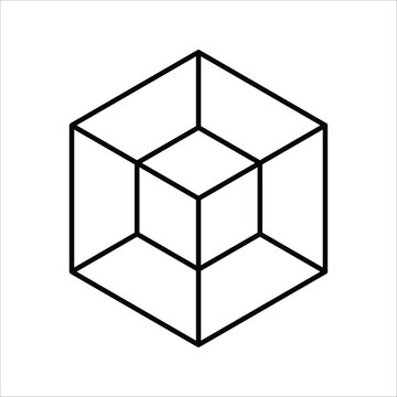 Intricate minimalist geometric line art illustration depicting a captivating nested cube optical illusion, challenging visual perception with its abstract three-dimensional form and clean design