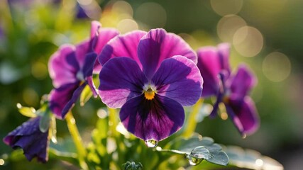Close-up of vibrant purple pansy flowers in full bloom with a bee approaching and water droplets on the leaves