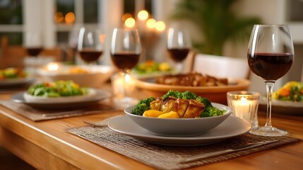A formal dinner setting with plates of food red wine and candlelight