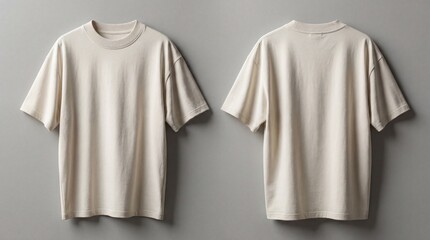 Front and back view of a plain, beige-colored oversized t-shirt, showcasing the fabric.