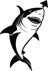 Obraz premium A shark as a business growth advisor pointing upward arrow, streamlined body simplified, flat vector illustration, solid flat colors, bold outline, no gradient, no shadow, clean vector sticker, white 