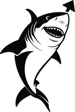 A shark as a business growth advisor pointing upward arrow, streamlined body simplified, flat vector illustration, solid flat colors, bold outline, no gradient, no shadow, clean vector sticker, white 