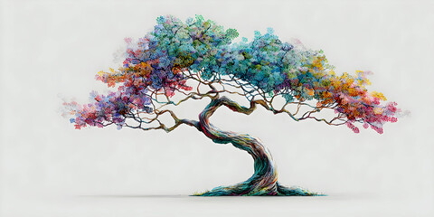  Multicolored Artistic Tree with Twisted Trunk, ai generated.