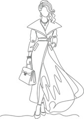 Elegant continuous line art drawing depicts a stylish woman wearing a long belted coat holding a fashionable handbag while standing confidently