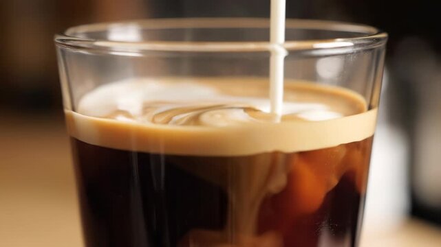 Cinematic close up of fresh cream slowly pouring and diffusing into a rich black ristretto creating beautiful internal layers and textures appetizer, hot drink, coffee