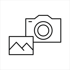 Modern line icon showing a classic camera next to a visual image, ideal for representing photography concepts, picture galleries, or visual media applications