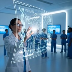 Scientist interacting with virtual dna structure in modern lab