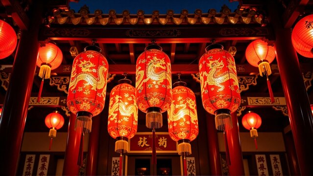 Glowing red chinese lanterns with dragon patterns hanging on traditional chinese pagoda roof - Chinese New Year decoration, Lunar celebration, spring festival, travel, luck prosperity