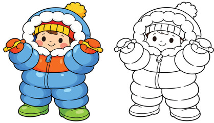 Cute cartoon Eskimo or Inuit child wearing warm winter parka vector illustration with black and white coloring page outline for kids © AbuNazam