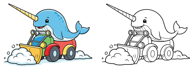 Cute cartoon narwhal driving a snowplow vector illustration with black and white coloring page outline for kids © AbuNazam